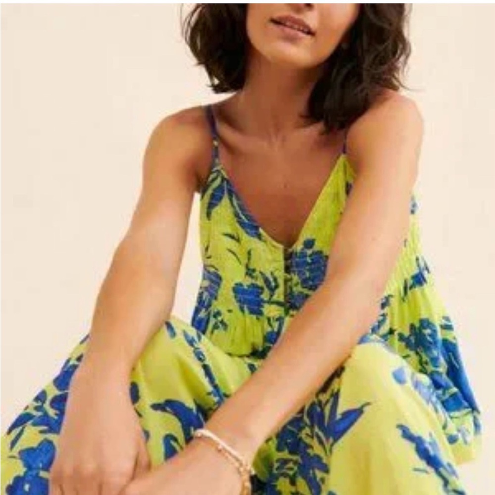 Anthropologie Lime and Cobalt Leaf Print jumpsuit - Picture 3 of 6